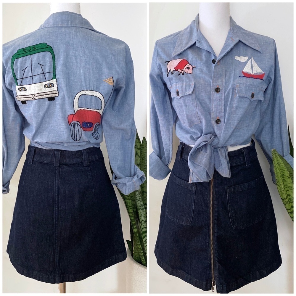 Vintage Sears 70’s Blue Chambray Embroidered Shirt​​​​​